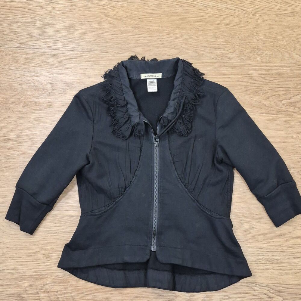 Prairie Underground Jacket Womens M Black Full Zip Fringe Collar 3/4 Sleeve V4